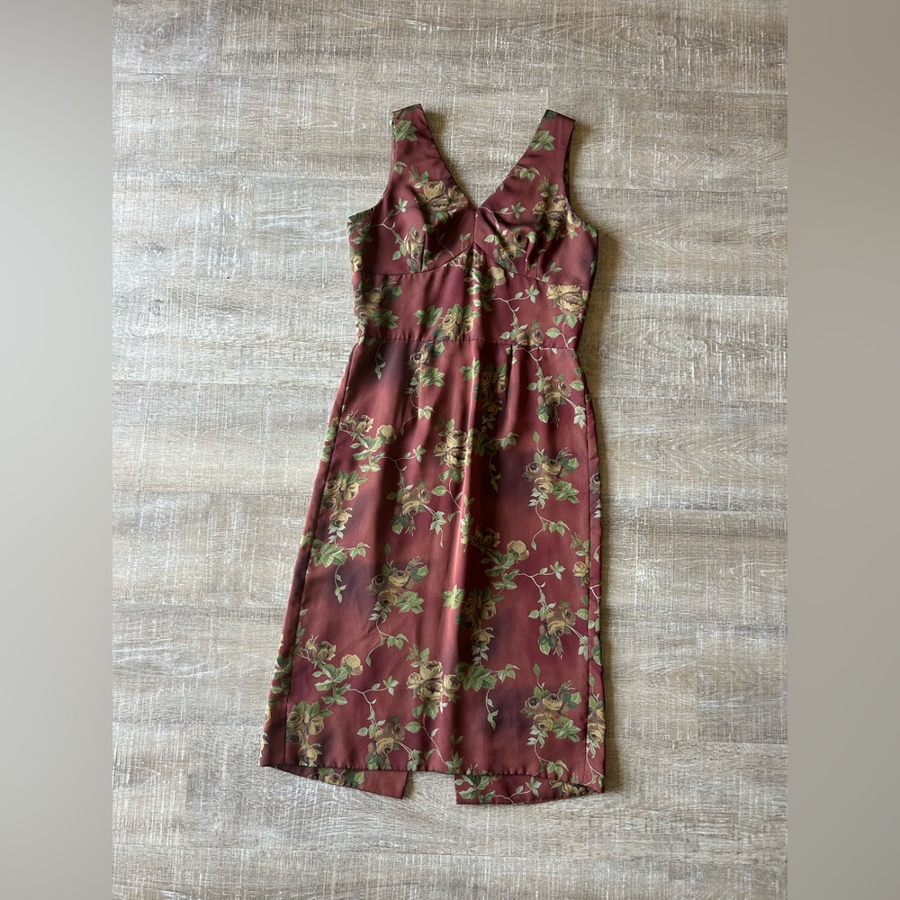 Vintage Y2K Whimsigoth Floral Iridescent Midi Dress Dark Rust Vamp Hoco OS EUC